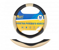 Оплетка руля -M- KRAFT иск. замша+кожа, бежевая/черная, 38 см