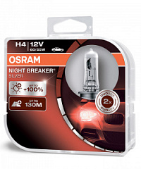 Лампа галогенная H4 12V 60/55W+100% OSRAM Night Breaker Silver 2шт.